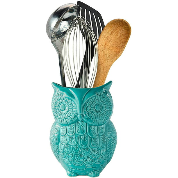 Aqua Blue Owl Design Ceramic Cooking Utensil Holder/ Kitchen Storage Crock 
